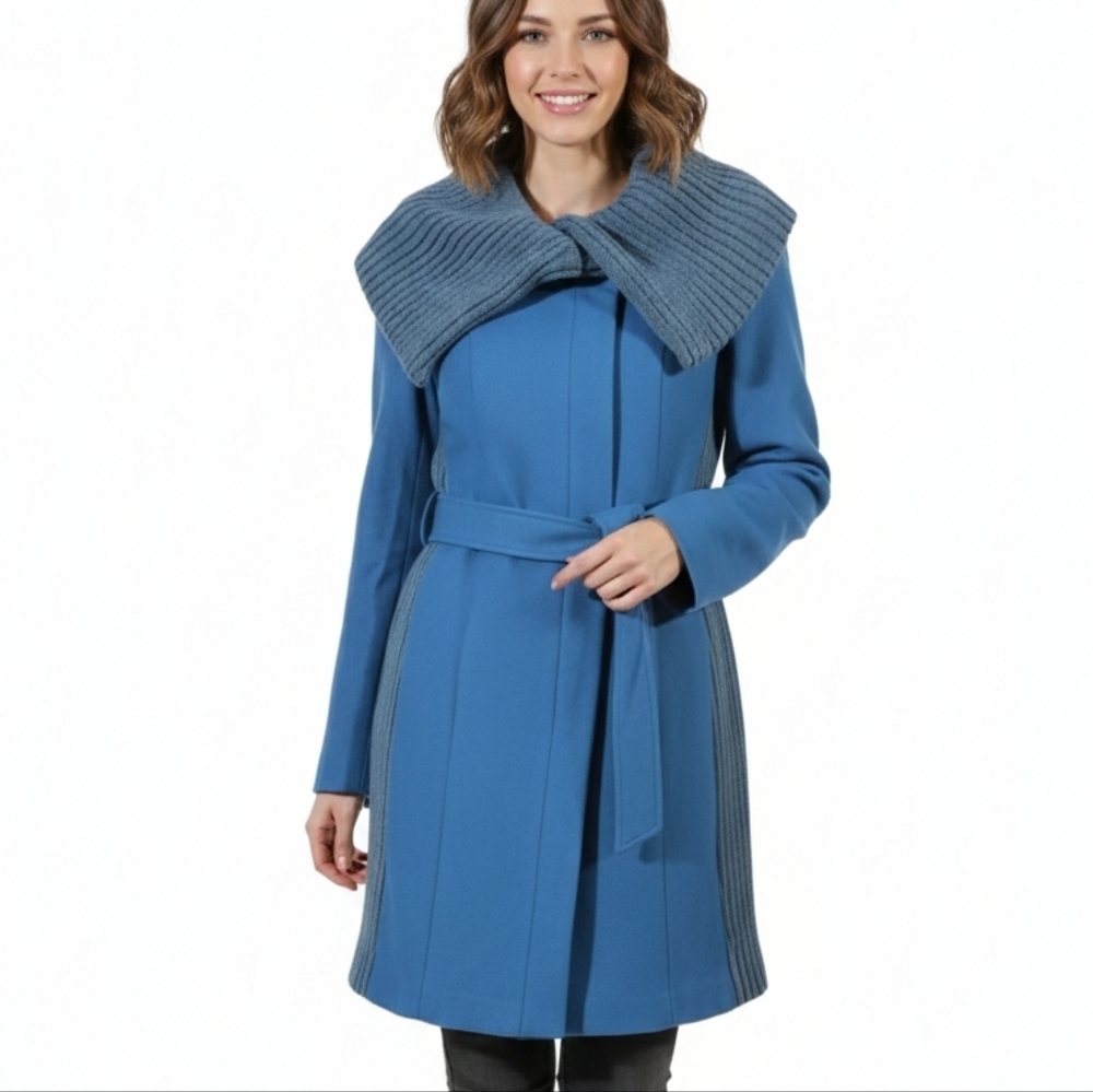Elevenses By Anthropologie Wool Blue Coat‎ with Belt & Oversizee Collar Sz 8